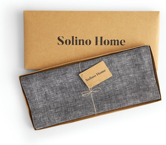 Solino Home Linen Chambray Black Table Runner 120 Inches Long - Athena, 100% Pure Linen 14 x 120 Inch Table Runner for Winter