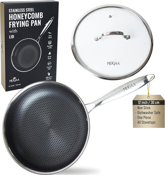 12” Non-Stick Stainless Steel Frying Pan with Lid | Honeycomb Hybrid Skillet for Induction, Gas & Electric Stovetops | Oven Safe, Dishwasher Safe | Premium Gift Packaging