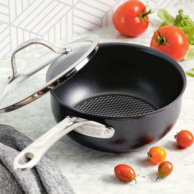 Anolon X SearTech Aluminum Nonstick Cookware Saucier with Lid, 2.5 Quart, Super Dark Gray