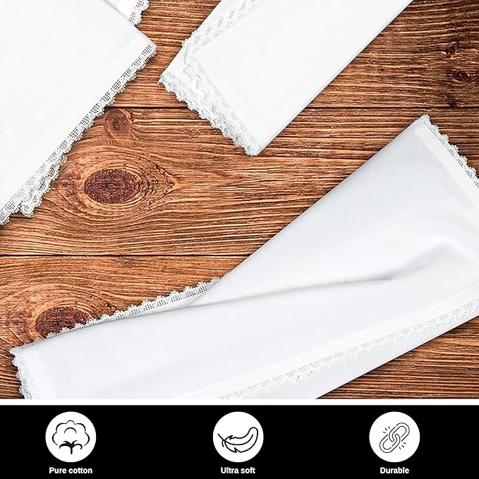 White Cotton Cloth Dinner Napkins 20x20 with Lace Trim Set of 6– Elegant Wedding & Cocktail Table Napkins, Mitered Corners, Machine Washable Fabric, Reusable,