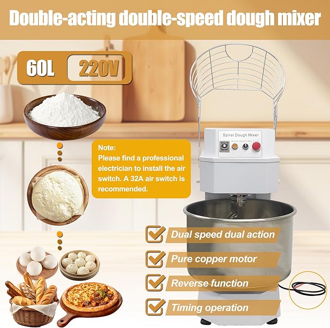 Commercial Stand Mixer 60L Double-acting Double-speed Dough Mixer Dough Kneading Machine Bread Spiral Mixer Automatic Dough Mixing Machine for Pizza Restaurant Bakeries Kitchen 220V