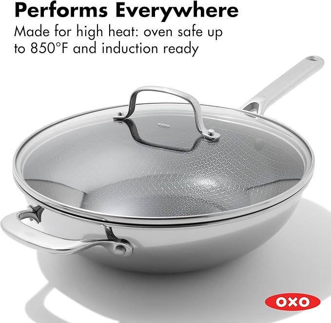 OXO Hybrid 12” Nonstick Wok with Glass Lid, PFAS-Free Ceramic Stir-Fry Pan, Induction & All Cooktop Compatible, Dishwasher Safe, Fusion Boost Tech for Powerful Searing, Mirror Polished Tri-Ply