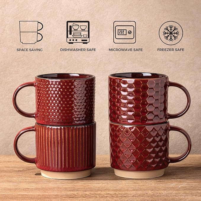 GBhome 12 OZ Stackable Coffee Mugs, Ceramic Coffee Mugs with Texture Patterns for Man,Woman,Dad,Mom, Modern Coffee Mugs Set of 4 for Latte/Cappuccino/Cocoa. Dishwasher&Microwave Safe