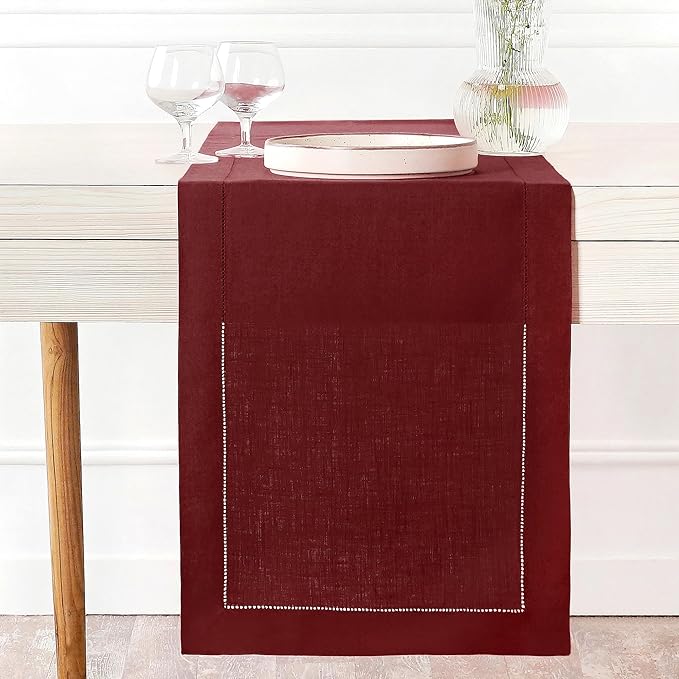 D'Moksha Homes Linen Dark Red Table Runner 72 Inches Long - 100% Pure Linen Hemstitch Table Runner 14 x 72 Inch for Dresser, Dining, Valentines, Spring - Classic Hemstitch