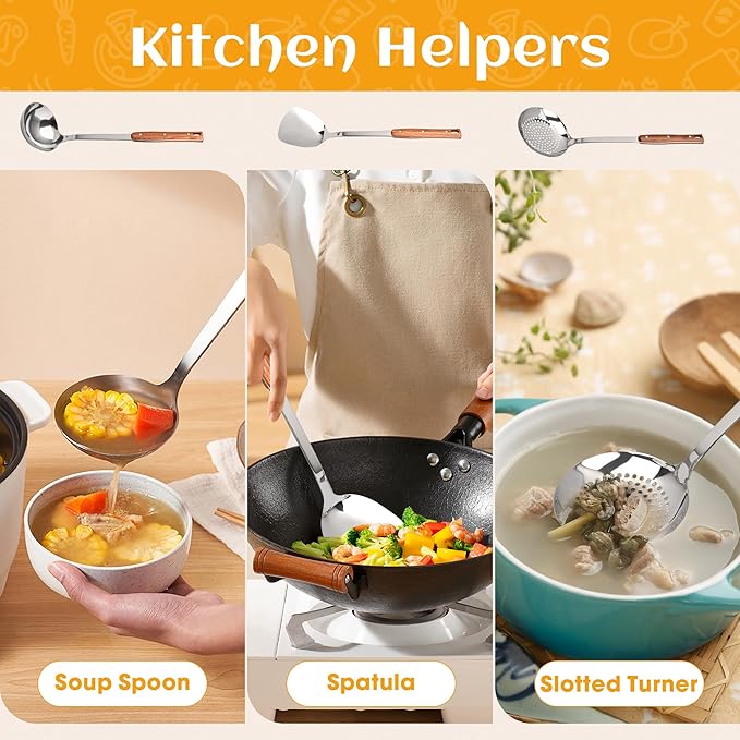 FJNATINH Spatula and Ladle Set, Heat-Resistant Wok Utensils, Stainless Steel Kitchen Utensils for Serving, Cooking, Soup, Set of 3
