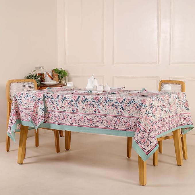 Hand Block Printed Table Cover - Exquisite Design, Premium Cotton Fabric, Perfect for Dining and Decor, Dining Table Linen(Salmon Pink,8 Seater 70 x 108 Inches Rectangle)
