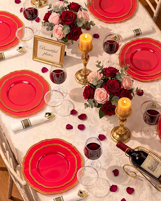 Hioasis 175pcs Red Gold Plastic Plates - Red Plastic Dinnerware Set Includes 25 Dinner Plates, 25 Dessert Dinnerware, 25 Cups, 25 Pre-rolled Napkins Perfect for Wedding & Party