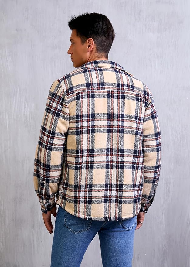 Men's Cotton Sherpa Lined Button Down Flannel Shirt Jacket Plaid Soft Outdoor Flannel Jacket Shirt