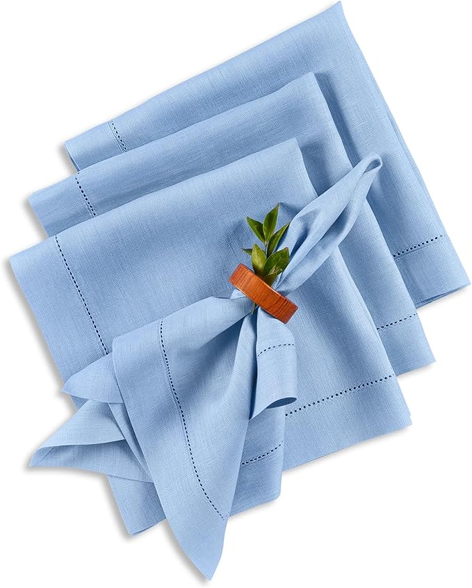 Solino Home Linen Cloth Napkins Set of 4-100% Pure Linen Cornflower Blue Dinner Napkins 20 x 20 Inch - Classic Hemstitch, Handcrafted and Machine Washable - Spring, Easter