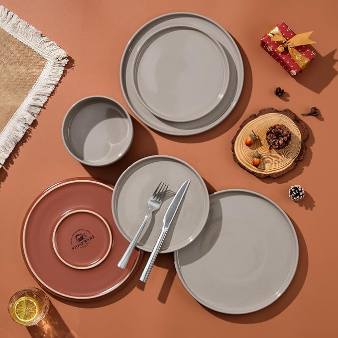 LIANYU 18 Piece Dinnerware Sets for 6, Modern Style Stoneware Dinnerware Set, Scratch Resistant, Dishwasher Safe Bowl and Plate Sets, Ceramic Dish Dinner Set, Terra Brown