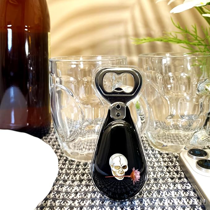 Magnetic Bottle Opener – Original Design Skull Biting Rose (Starflower) in Black Resin – Strong Magnet for Fridge – Lightweight Gift for Goth Decor & Bartenders – Black, 1 PCS