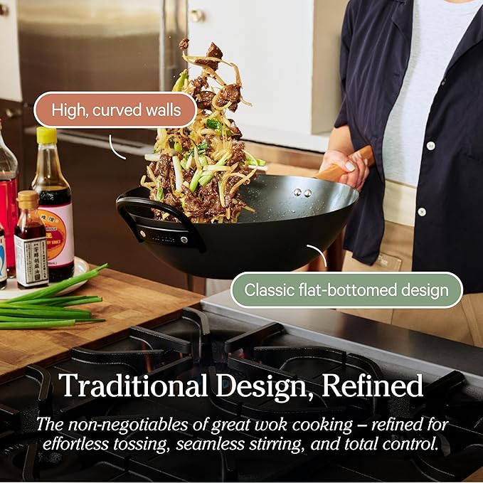 Our Place 13” Super-Nitrided Carbon Steel Wok Pan with Glass Lid & Beechwood Spatula | PFAS-Free, Induction Compatible & High-Heat Stovetop Safe to 750°F