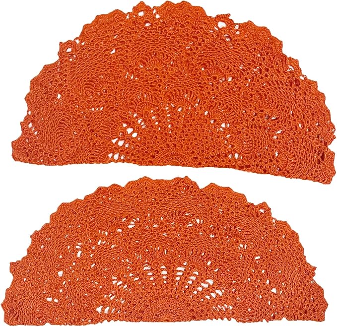 BIBITIME Lace Placemats Table Doilies Round Handmade Crochet Doily Kitchen Coffee Cup Mug Mats Dinner Place Mats (16 to 17.5 inches-2PCS, Orange)