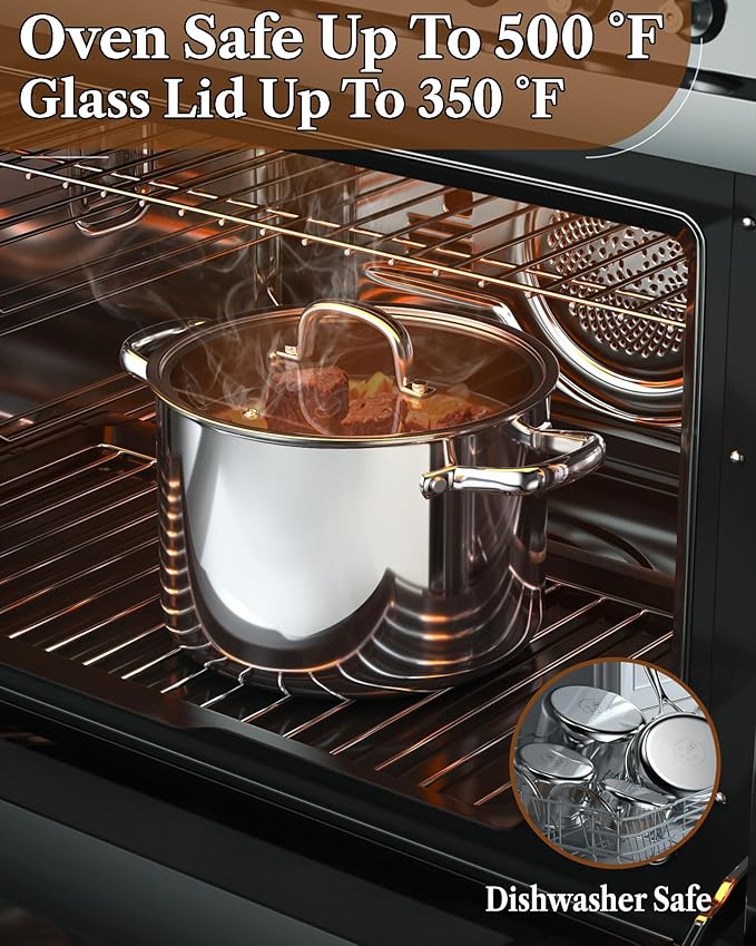 Cook N Home Stainless Steel Stockpot 8 Quart, Tri-Ply Clad Soup Pot with Glass Lid, Induction Compatible, Heavy Duty Canning Pot, Dishwasher Oven Safe, Silver