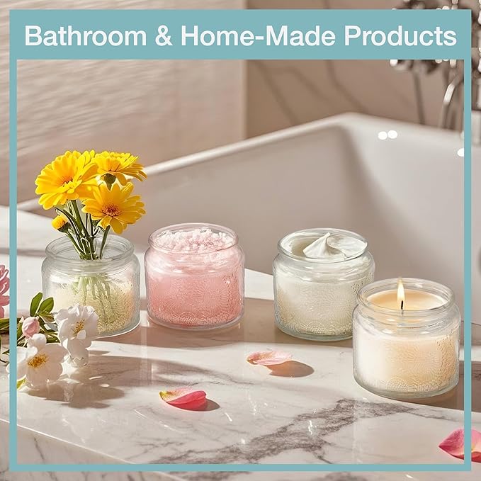 4 oz Mini Glass Jars with Airtight Bamboo Lids 24 pack, Decorative Small Food Storage Canister, Vintage Embossed Home Décor Candle Parties Wedding Baby Shower Favors Gift