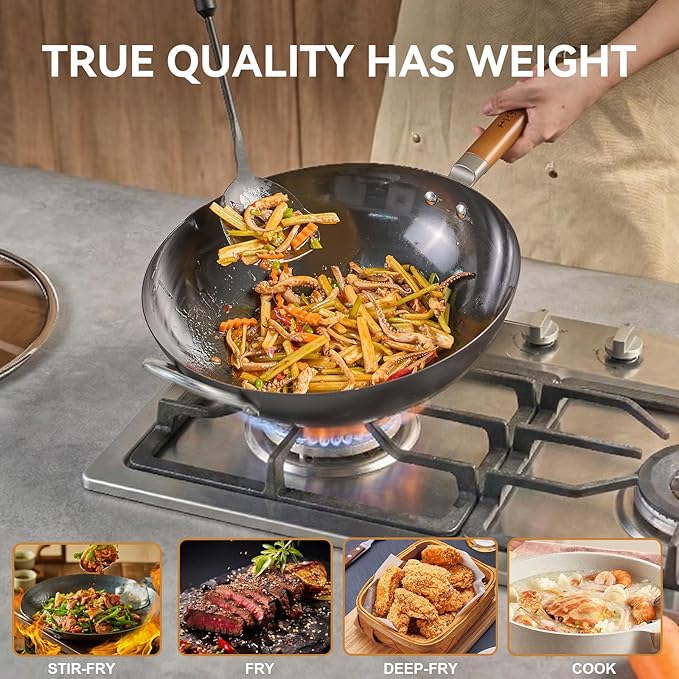 WANGYUANJI Carbon Steel Wok 14.2", Large Nitriding Flat Bottom Stir Fry Pan with Lid, No Chemical Coating Rust Resistant Iron Skillet for Induction Electric Gas Stoves, Big Capacity Serves 6+