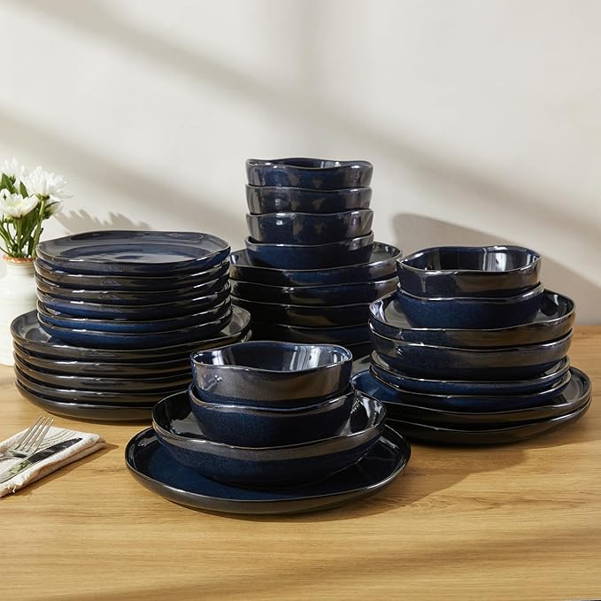 32 Piece Starry Blue Dinnerware Set with Pasta Bowls, Coastal Reactive Glaze Stoneware for 8 | Complete Serving Set for Holiday Meals, Multi‑Dish Hosting & Family Celebrations