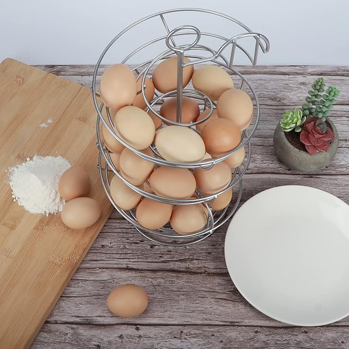 QUTREY Silver Metal Egg Holder Countertop, Spiral Design Egg Skelter Dispenser Rack with Egg Storage Basket for Kitchen