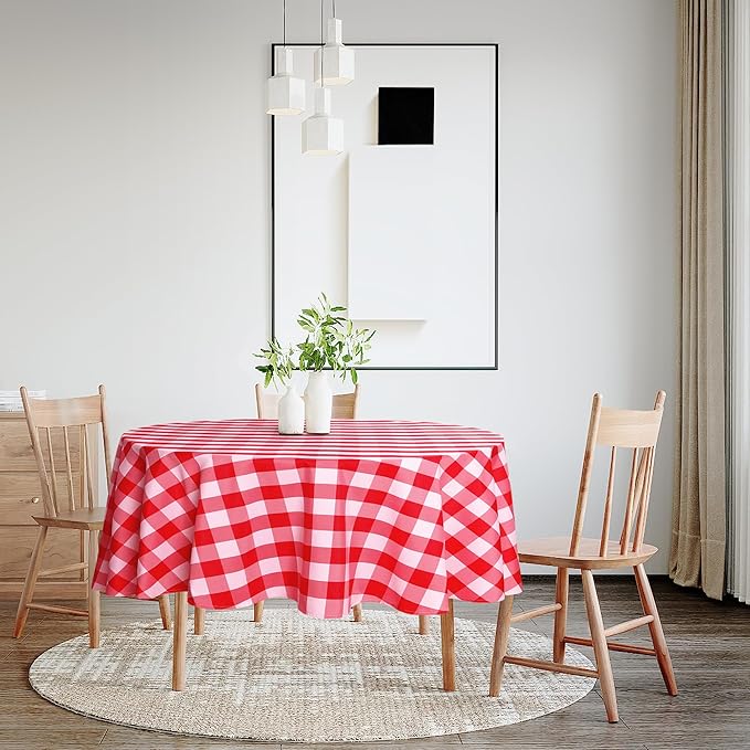 Hiasan Checkered Round Tablecloth 60 Inch - Waterproof Stain and Wrinkle Resistant Washable Fabric Table Cloth for Holiday Day, Dining Room, Outdoor Picnic, Red and White Gingham Pattern