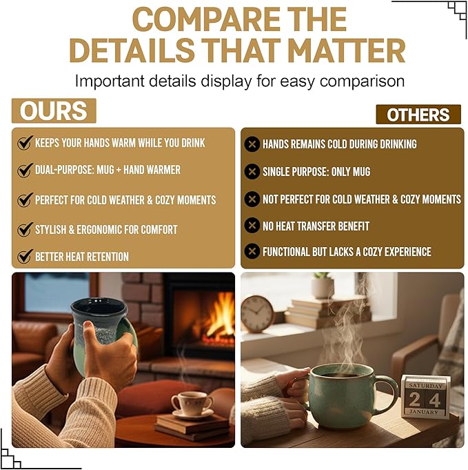 Clay in Motion Hand Warmer Coffee Mug – Handmade Coffee Mug With Comfortable Handle Contoured Pocket Hand Warming Ceramic Coffee Mug – Proudly Made in USA – Right Handed – 14 Oz - Midnight Prairie