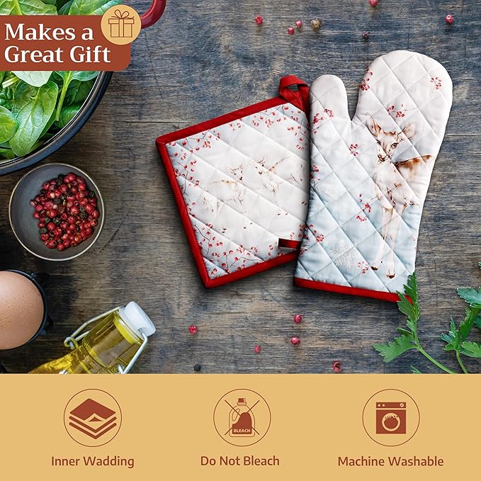 Maison d' Hermine 100% Cotton Oven Mitt & Pot Holder Set (7.5"x13" & 8"x8") Heat Resistant BBQ Cooking Gloves with Loop for Thanksgiving Christmas Decorations Handling Hot Pans (Fairy Tale Forest)