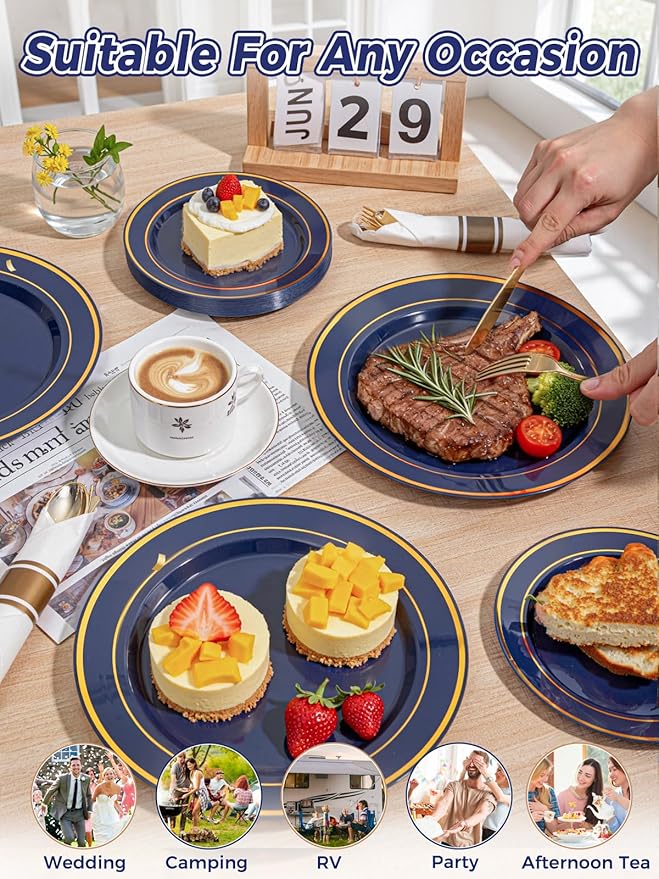 175PCS Blue and Gold Plastic Plates - Navy Blue Plates with Pre Rolled Napkins for Party - 25Guest Disposable Dinnerware Sets for Party/Birthday/Wedding