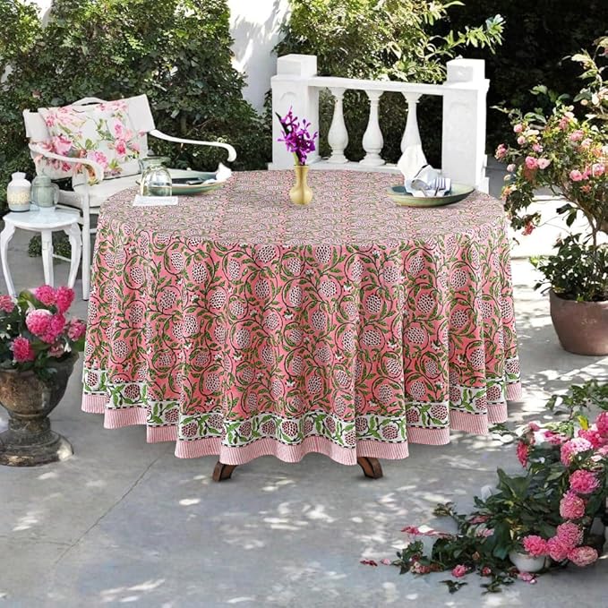 Ridhi Block Print Round Strawberry Pink Reusable Tablecloth 100% Cotton 132" Inch Decorative Table Cover eveyday Dining, Home, Party, Wedding, Farmhouse Gift for Spring, Easter, Valentine