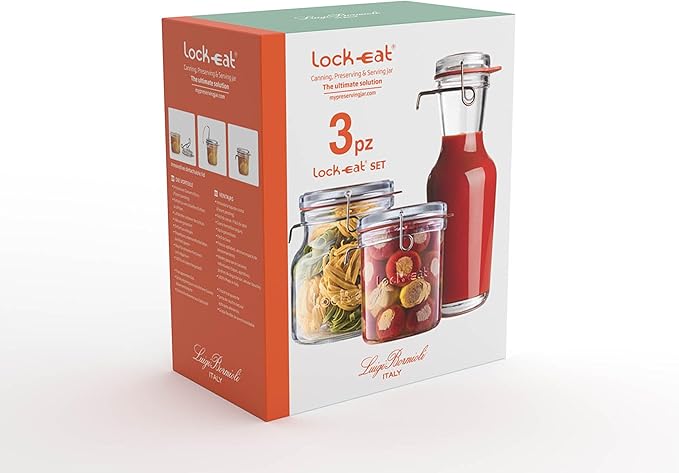 Luigi Bormioli Lock-Eat 3pc Jar Set (Set of 3) : Innovative Glass Lid, Easy to Close, Easy to Open, Dishwasher Safe, Microwave Safe, Canning Safe, Freezer Safe, Stackable Jars