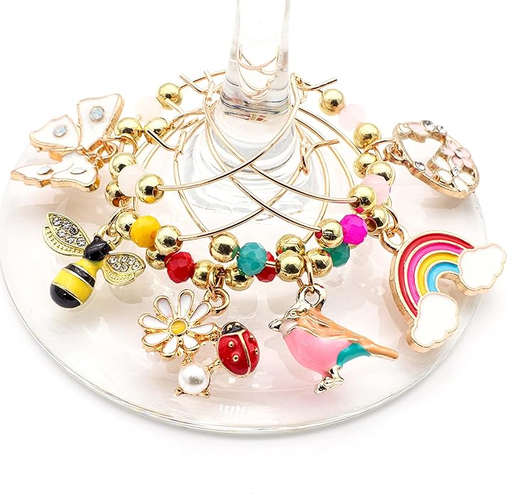Serendipity Spring Wine Glass Charms, Table Decor, Set of 6 Gold Enameled Colorful Stemware Glass Identifiers, Bumble Bee, Ladybug, Cherry Blossom, Rainbow, Butterfly, Bird
