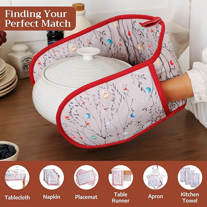 Maison d' Hermine Double Oven Mitt (7" x 35") 100% Cotton Heat Resistant BBQ Cooking Gloves with Loop for Thanksgiving Christmas Decorations Baking Cooking Barbeque Handling Hot Pan (Fairy Christmas)