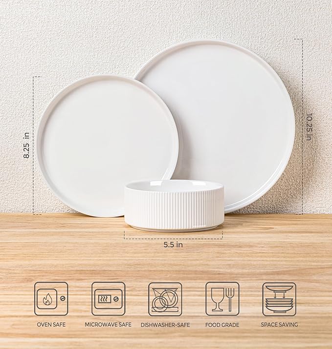 TheTerra Ceramic Dinnerware Sets for 8, 24 Pieces Porcelain Lightweight Plates and Bowls Sets, Scratch Resistant Dish Set, Oven & Microwave & Dishwasher Safe, Bright White