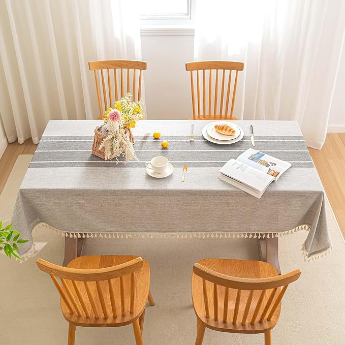 SIELUNO Farmhouse Tablecloth Cotton Linen Waterproof Burlap Table Cloth Rectangle Table Cloths for Kitchen Dinning Tabletop Decoration-Grey Stripe-Rectangle, 55''x70'', 4-6 Seats