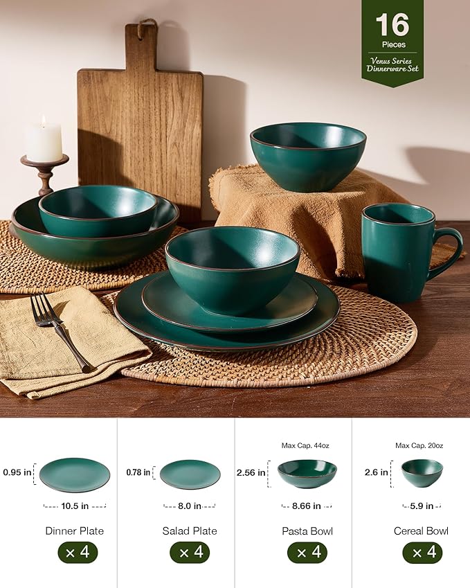 Famiware Venus Speckled Dinnerware Set with Pasta Bowls, Service for 4 (16 Pieces), Stoneware Plates and Double Bowls Sets, Microwave & Dishwasher-Safe Dishes with Trim, Matte Dark Green