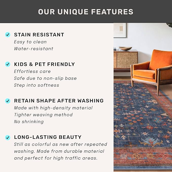 Dining Room Rugs for Under Table - 7x9 Washable Area Rug for Living Room, Low Pile Non-Slip Rugs for Bedroom - Navy Blue Vintage Boho Unique Home Decor
