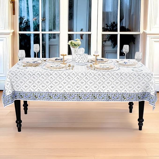 Ridhi Hand Block Print Powder Blue Rectangle Cotton Tablecloth 90" x 60" Reusable Table Cover Decorative Everyday Use for Dining, Farmhouse, Home Gift for Spring, Easter, Valentine