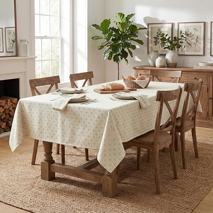 Horaldaily White Rectangular Table Cloth, Cross-Star Solid Textured Embroidery Tablecloth, Wrinkle Free Washable 60×84 Inch Table Cover for Kitchen, Party, Wedding, Picnic, Outdoor