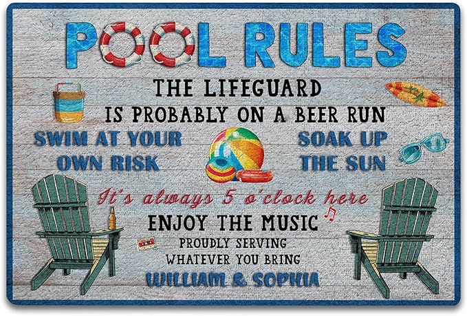 THUYPT Personalized Pool Doormat, Pool Rug with Pool Rules Pattern, Poolside Decorations Pool Accessories, Pool Patio Decor Summer Themed Outdoor/Indoor (05)