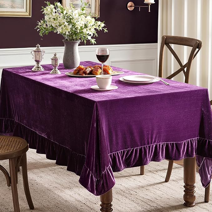 MIULEE Velvet Table Cloth with Decorative Ruffle Edge Luxurious Soft Washable Rectangular Tablecloth Thick Wrinkle-Resistant Oblong Table Cover for Kitchen Dining Party Wedding 52x70 Inch, Purple