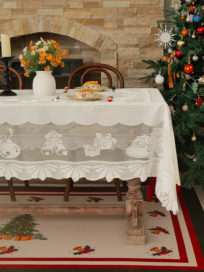 Jayla Christmas White Lace Tablecloth, Vintage White Lace Rectangular Tablecloth for Party Picnic Dinner Decor, 54 x 87 Inches