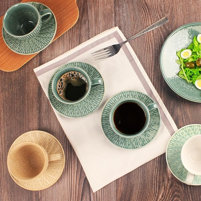 Coffee Mugs Set, 6.8 oz,Ceramic Tea Cup with saucer, Espresso Cups 8-piece, Stackable Cups, for Latte,Hot Tea,Cappuccino, Mocha, Cocoa, dishwasher & microwave safe, Dark green
