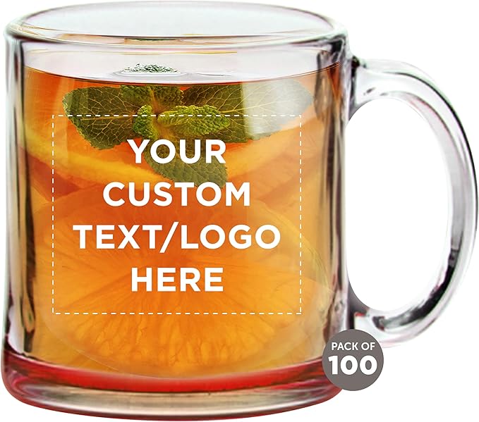 Custom Libbey Clear Glass Coffee Mugs 13 oz. Set of 100, Personalized Bulk Pack - Perfect for Coffee, Tea, Espresso, Hot Cocoa, Other Beverages - Red Bottom