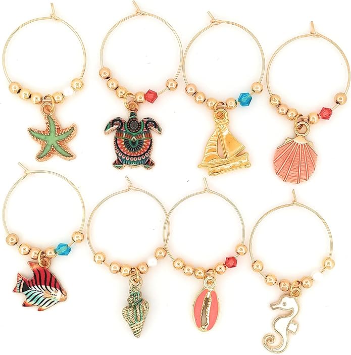 Beach Wine Charms, Beach Gifts, Nautical, Memorial Day, Independence Day Glass Tag Identifiers, Seashell, Starfish, Sea Turtle, and Fish, Party Favors and Party Supplies - 8 piece set By Pixie Wine Charms