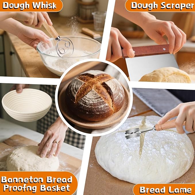Banneton Bread Proofing Basket Banneton Basket Set Sourdough Proofing Basket Round Proofing Bowls Handmade Rattan Baskets and Liners (Round of 1 Gift Set)