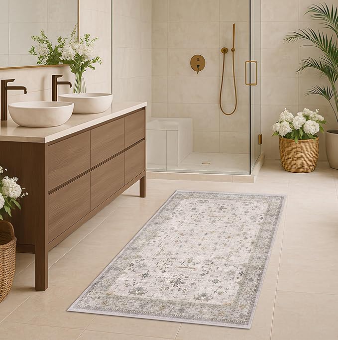 Light Grey 3x4 Large Boho Bathroom Rug - Modern Vintage Eclectic Floral Pastel Neutral Taupe, Washable Low Pile Non-Slip Area Rugs for Entryway, Kitchen, Bedroom Beside Bed, Powder Room