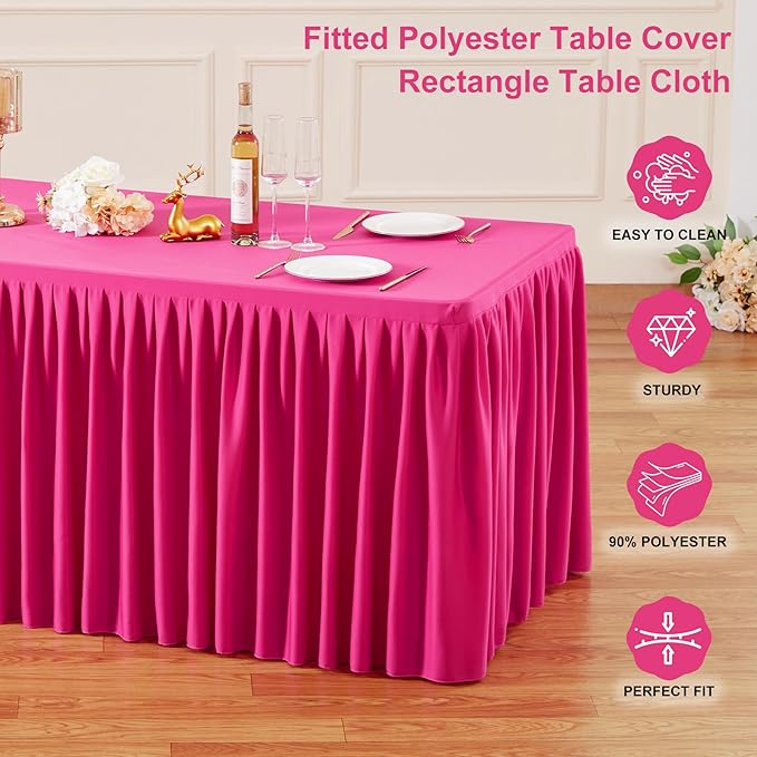 Wish Care 2 Pack Hot Pink Rectangle Table Clothes for 4 Foot Tables, Polyester Fitted Tablecloths 4ft Stretch Table Cover for Wedding, Birthday, Parties, Trade Show, Craft Show