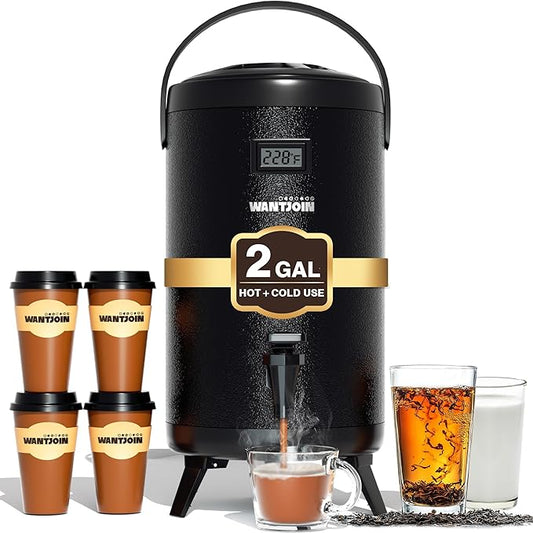 Thermal Beverage Dispenser - 8L/2.1Gal Black Stainless Steel, Single, LCD Thermometer, Triple-Layer Insulated, Non-Electric Hot & Cold Drink Dispenser for Coffee, Tea