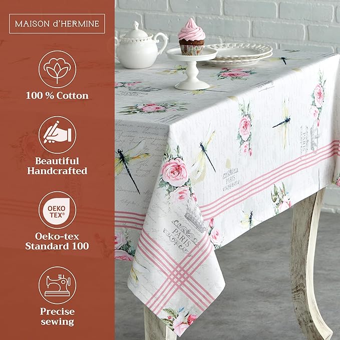 Maison d' Hermine Table Cloth Rectangle Table 100% Cotton 60 x 90 Inches Tablecloth Reusable Decorative for Dining Room, Farmhouse, Home, Party, Festive & Wedding Spring Summer - Champ De Mars