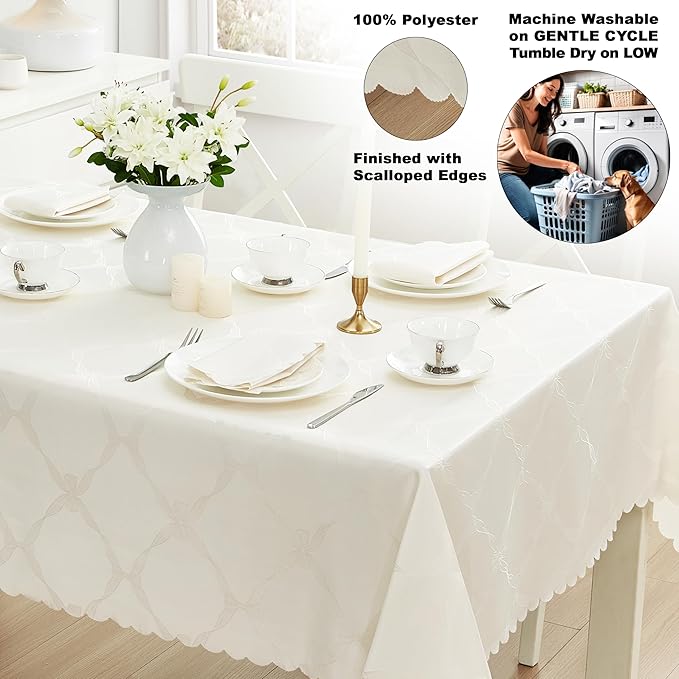 Newbridge Ribbons and Bows Damask Spring & Easter Holiday Fabric Tablecloth, Ivory, 60 x 84 Inch Rectangle, Wrinkle & Stain Resistant Table Cover