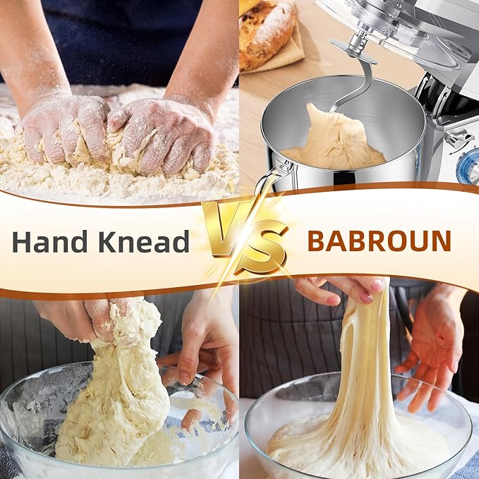 Dough Mixer 8.45 QT Electric Mixer - 660W 6 Speed Large Capacity Kitchen Stand Mixer with Whisk Dough Hook Mixing Beater Household Food Mixer for Baking Cakes Cookie Bread Salad(Silver)