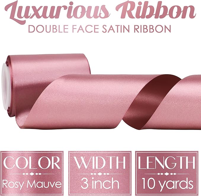 MEEDEE Mauve Satin 3 Inch Ribbon Lux Double Faced Satin Ribbon by 10 Yards Pink Silk Ribbons Rosy Mauve Wide Ribbons for Crafts, Christmas Tree Decoration, Flower Bouquet, Weddings
